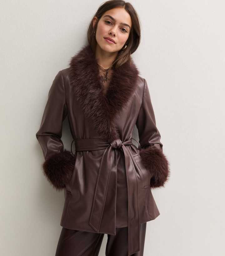 Petite Dark Burgundy Faux Fur Cuff Faux Leather Midi Jacket