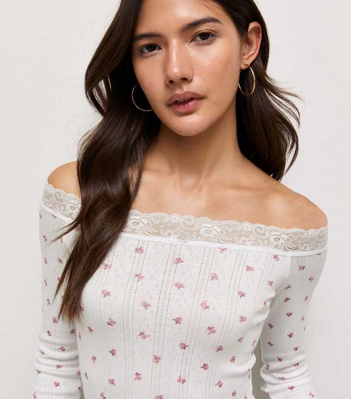 Cream Ditsy Print Long Sleeve Pointelle Lace Bardot Top