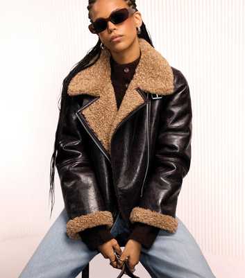 Brown Faux Leather Faux Shearling Lined Funnel Aviator Jacket