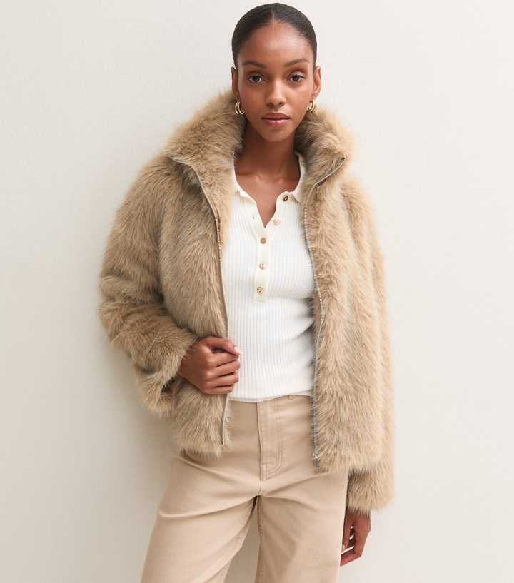 Light Brown Faux Fur Tipped Funnel Neck Jacket