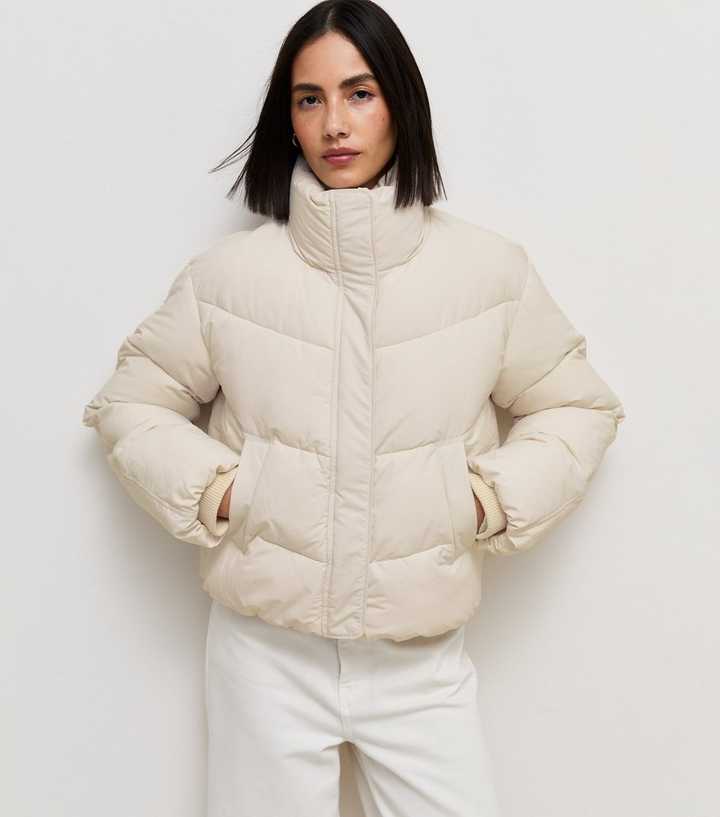 Cream Funnel Neck Puffer Jacket