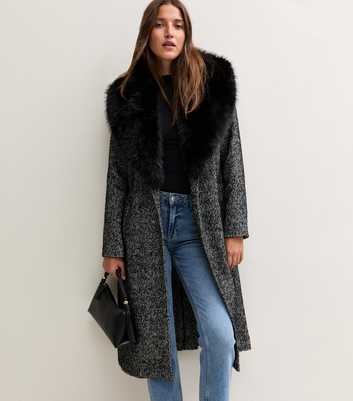 Dark Grey Herringbone Faux Fur Wide Collar Belted Coat