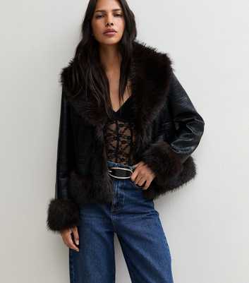 Black Faux Fur Trim Croc Embossed Faux Leather Jacket