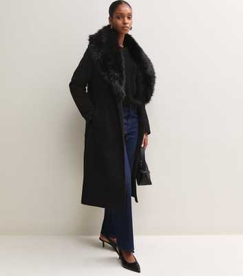 Black Faux Fur Wide Collar Belted Coat