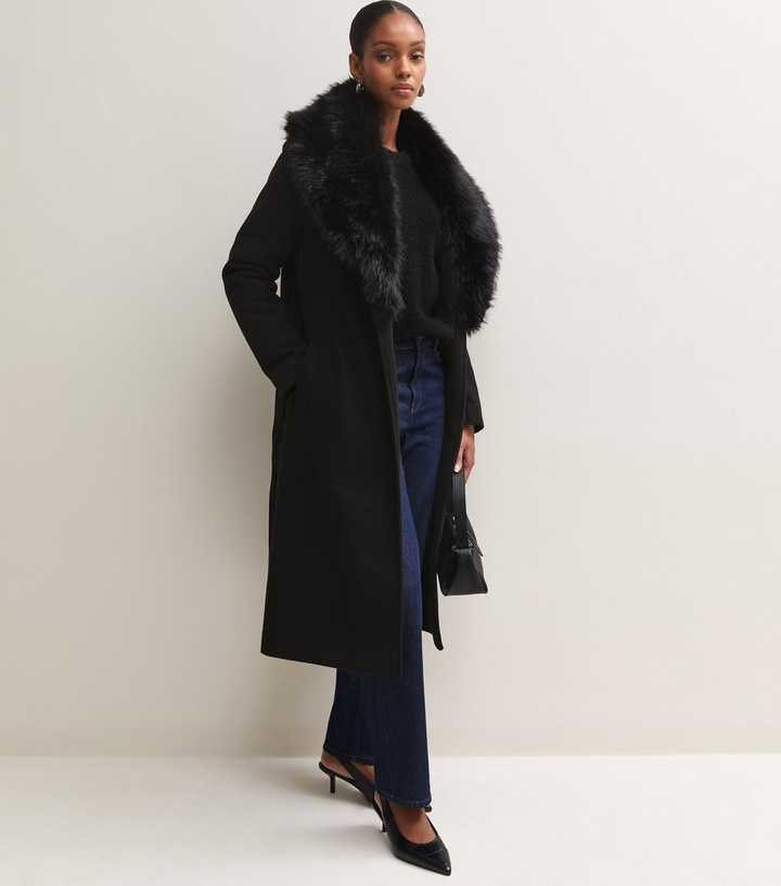 Black Faux Fur Wide Collar Belted Coat