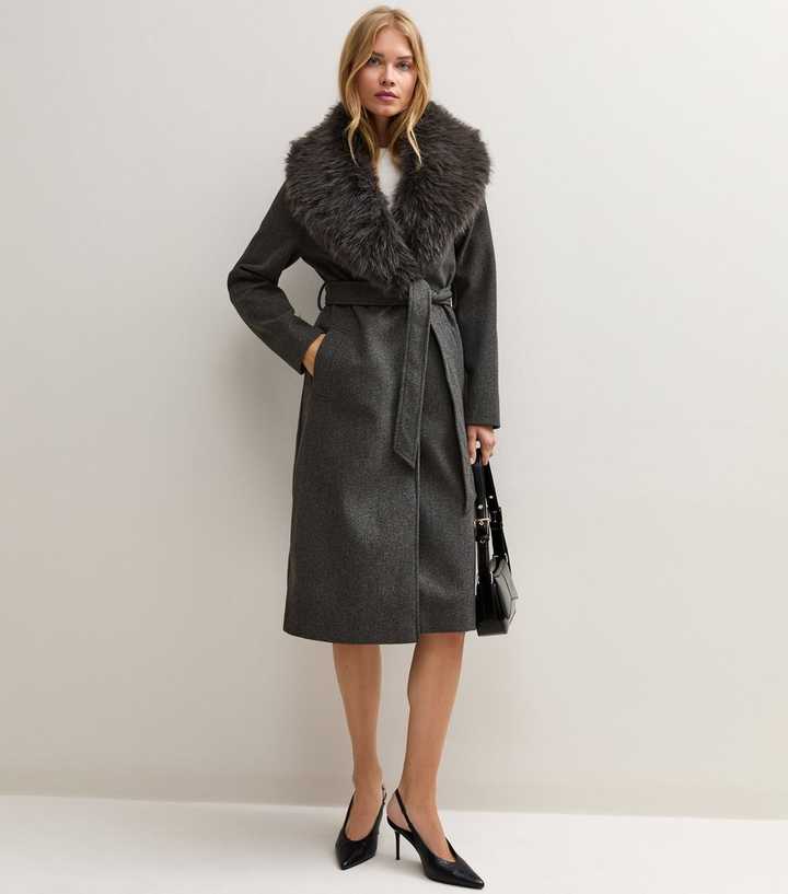 Dark Grey Faux Fur Wide Collar Belted Coat