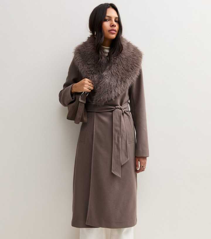 Mink Faux Fur Wide Collar Belted Coat