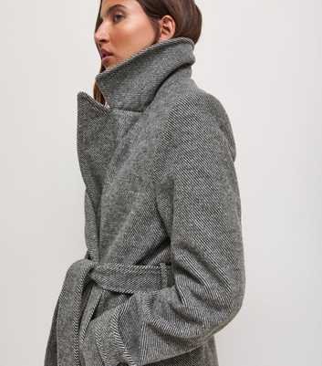 Grey Padded Shoulder Belted Longline Coat
