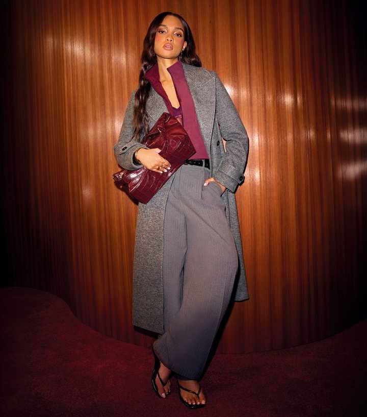 Grey Padded Shoulder Belted Longline Coat