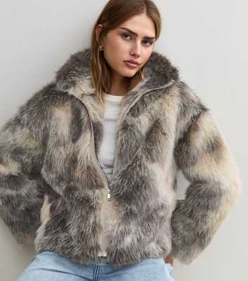 Grey Funnel Neck Faux Fur Jacket