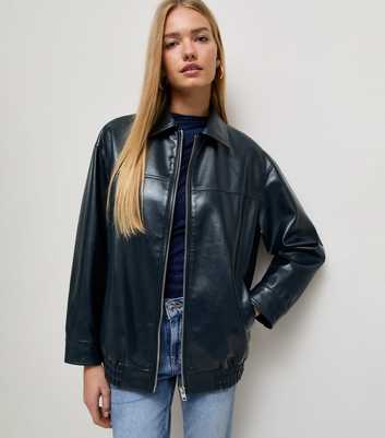 Navy Faux Leather Zip Front Jacket