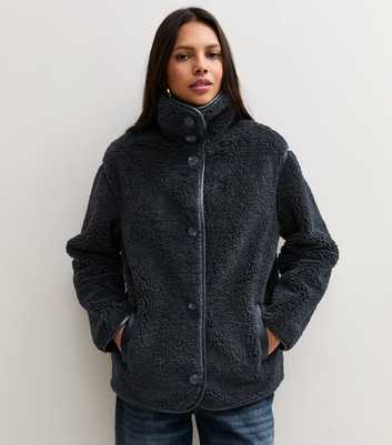 Navy Borg Texture Funnel Neck Jacket