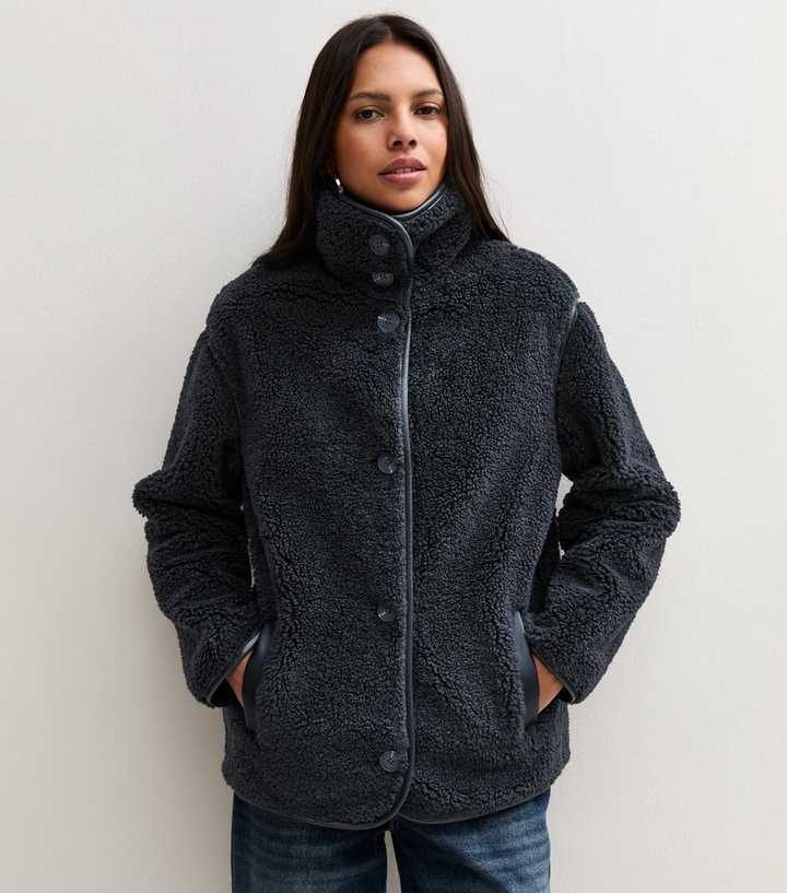 Navy Borg Texture Funnel Neck Jacket
