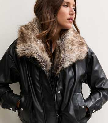 Black Faux Leather Faux Fur Trim Jacket