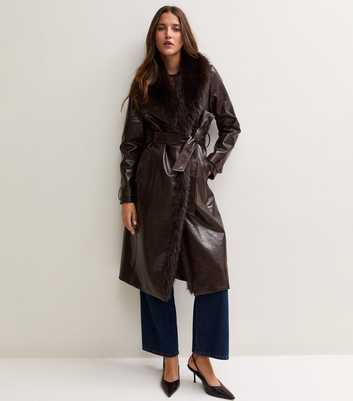Dark Brown Faux Leather Faux Fur Collared Belted Wrap Coat