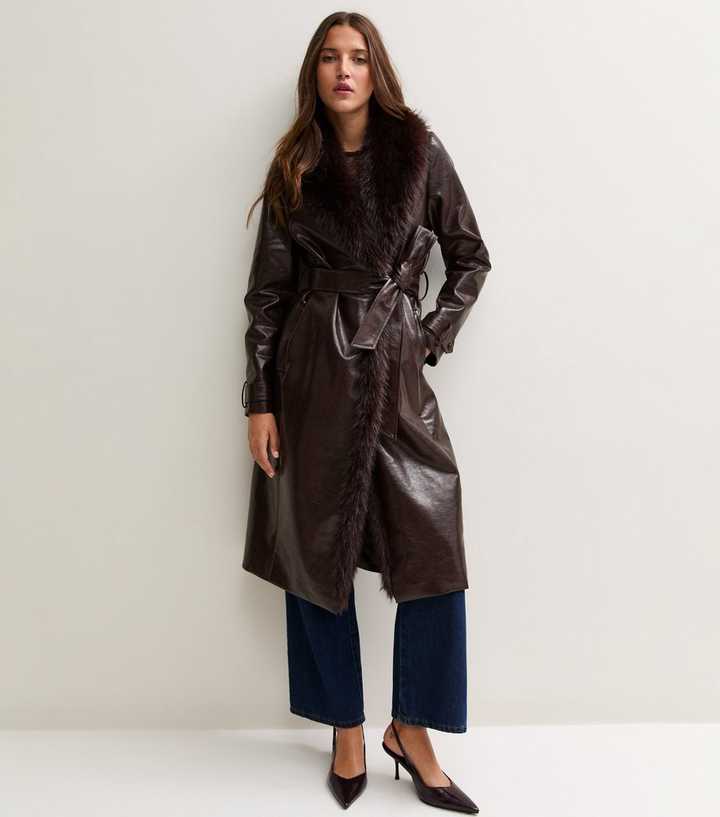 Dark Brown Faux Leather Faux Fur Collared Belted Wrap Coat