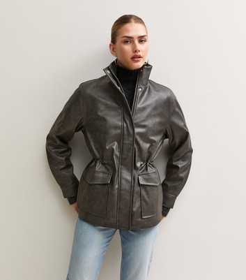 Black Faux Leather Ruched Waist Funnel Neck Jacket