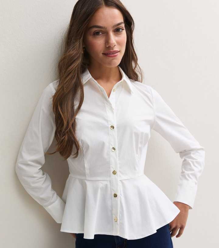 Petite White Cotton Rich Peplum Hem Golden Button Shirt