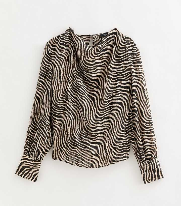 Tall Black Zebra Pattern Cowl Neck Blouse