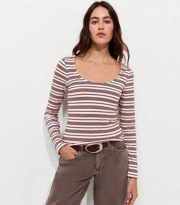 Pink Cotton Rich Striped Long Sleeve Scoop Neck Top