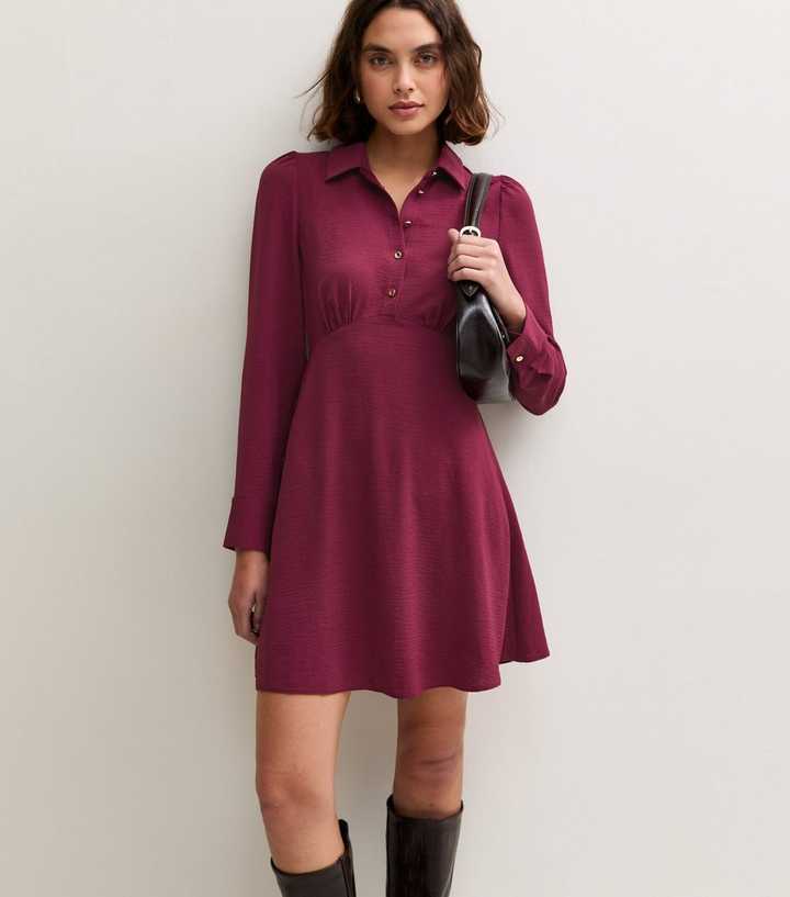 Tall Dark Burgundy Long Sleeve Button Front Mini Shirt Dress