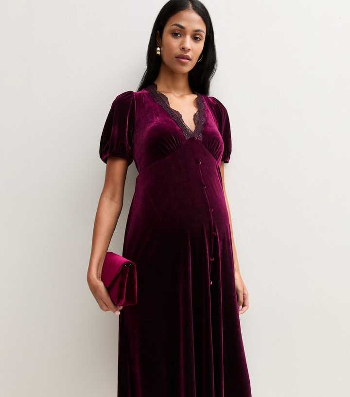 Maternity Dark Burgundy Velvet Lace Trim Midi Dress
