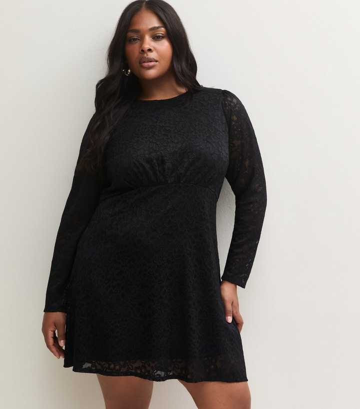 Curves Black Lace Long Sleeve Mini Dress
