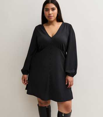 Curves Black Crinkle Textured V Neck Button Up Long Sleeve Mini Dress