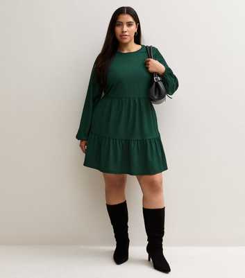 Curves Dark Green Crinkle Smock Tiered Long Sleeve Mini Dress