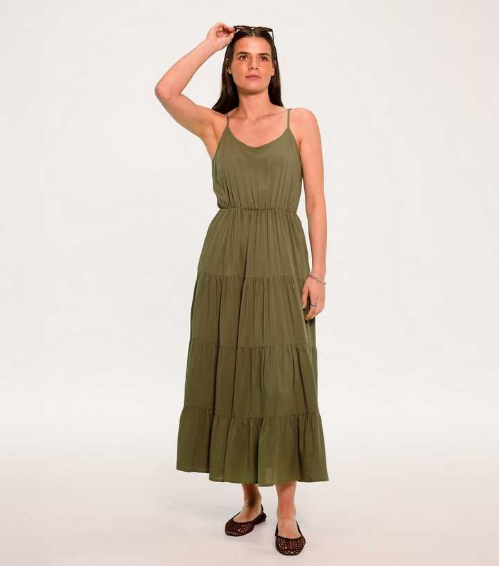 Sunshine Soul Dark Khaki Tiered Cami Midi Dress