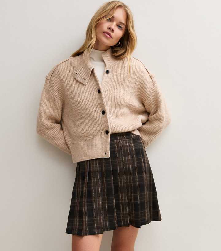 Brown Checked Pleated Jacquard Mini Skirt