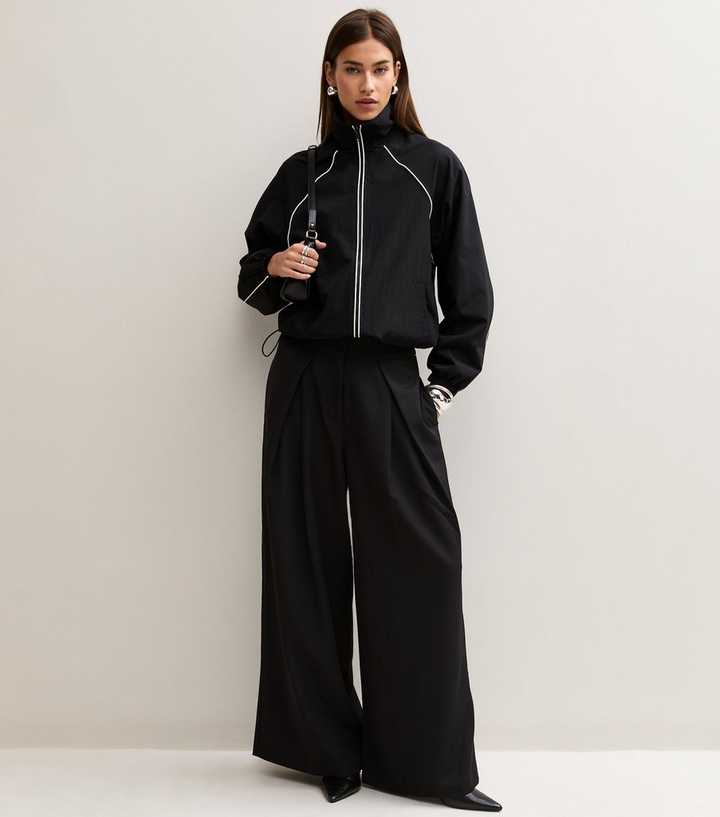 Black Deep Pleat Wide Leg Trousers