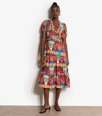 Apricot Pink Block Pattern Wrap-Effect Tiered Midi Dress