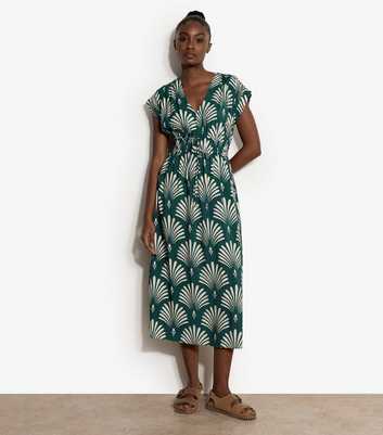 Apricot Green Palm Print V-Neck Midi Dress