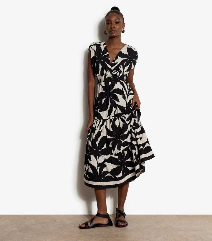 Apricot Black Floral Silhouette Print Midi Dress