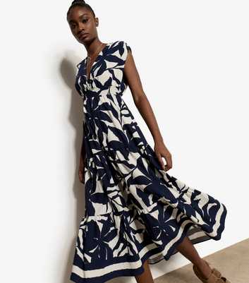 Apricot Blue Floral Silhouette Print Midi Dress