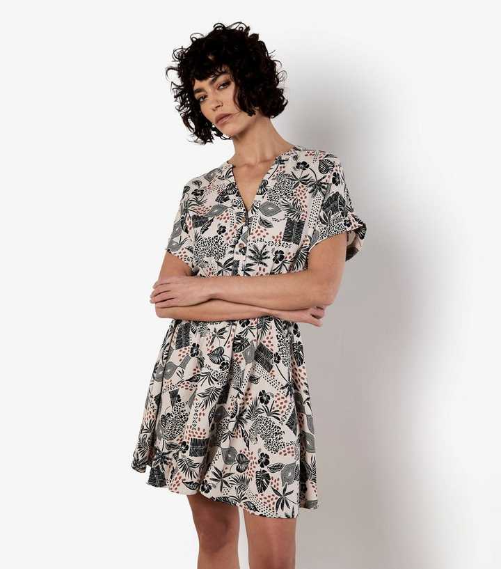 Apricot Stone Leaf Print Mini Dress