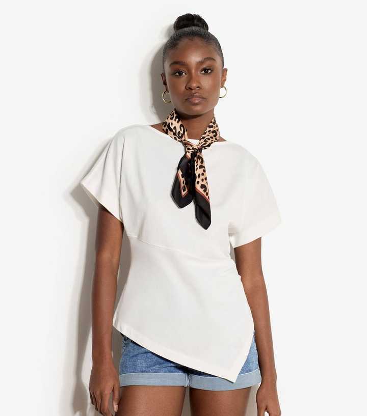 Apricot White Cotton Asymmetric Gathered Side T-Shirt