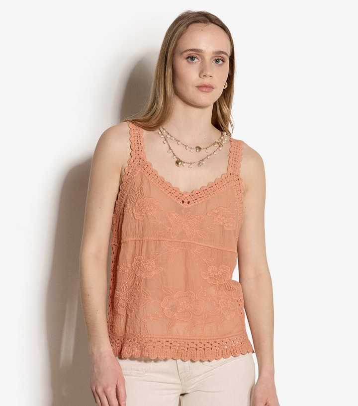 Apricot Light Pink Cotton Floral Embroidered Top