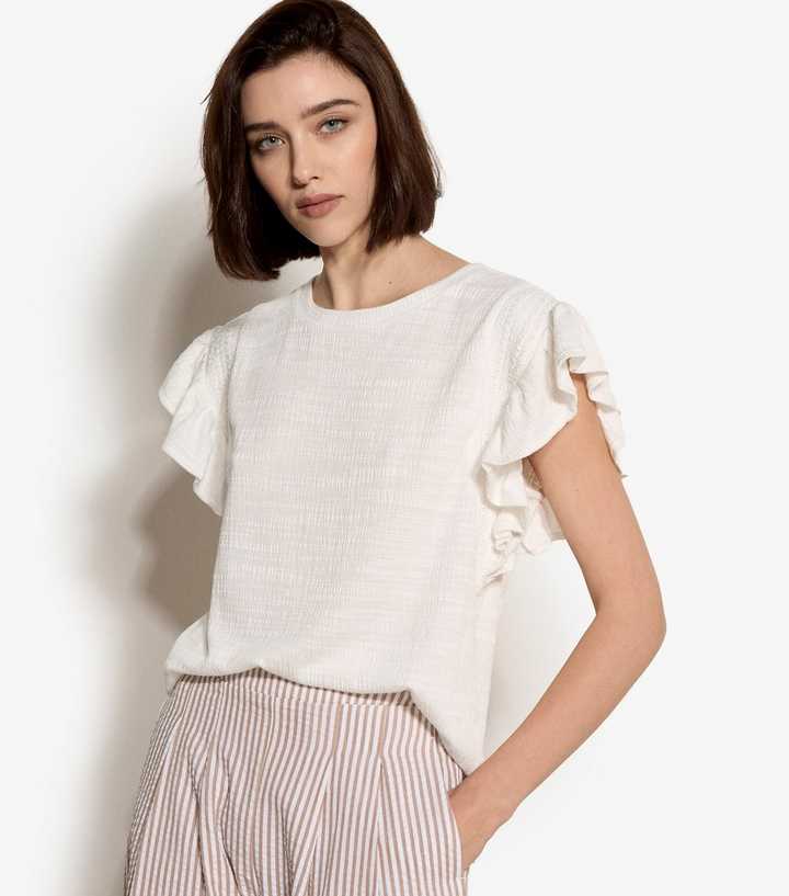 Apricot White Woven Ruffle Sleeve Top