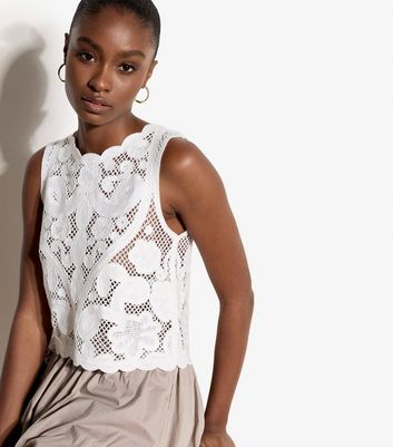 Apricot White Crochet Knit Sleeveless Top | New Look