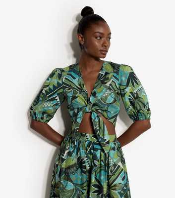 Apricot Green Cotton Tropical Print Tie Front Top