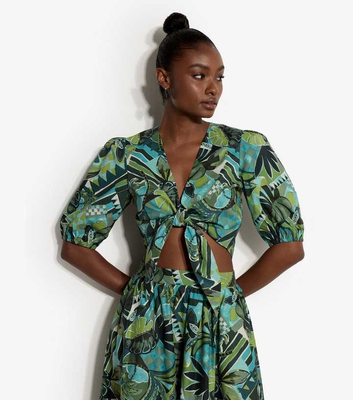 Apricot Green Cotton Tropical Print Tie Front Top