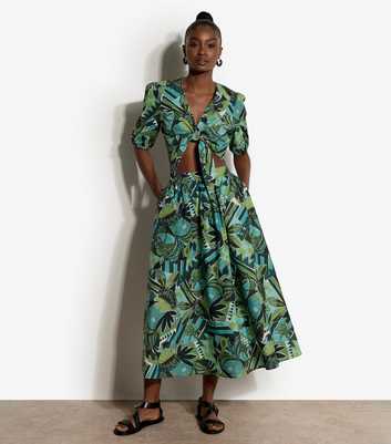 Apricot Green Cotton Tropical Print Midi Skirt