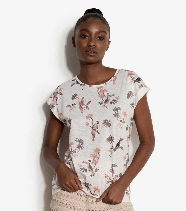 Apricot White Parrot and Palm Tree Print T-Shirt