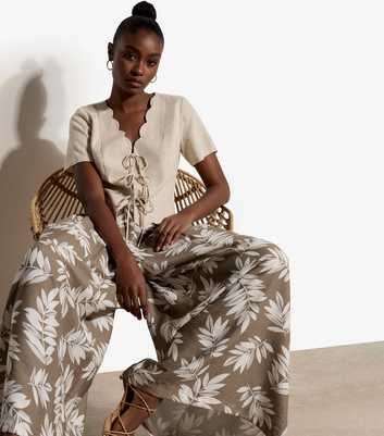 Apricot Light Brown Pleated Leaf Print Wide Leg Trousers