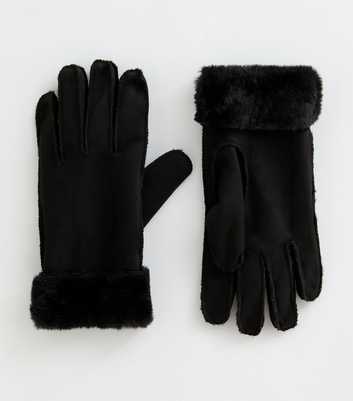 Black Faux Fur Trimmed Faux Suede Gloves