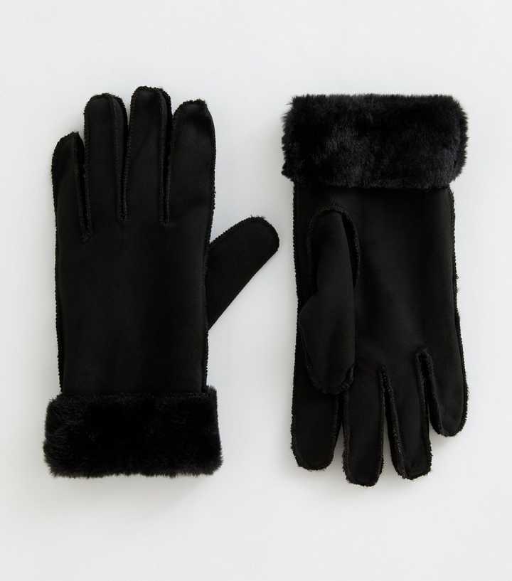 Black Faux Fur Trimmed Faux Suede Gloves