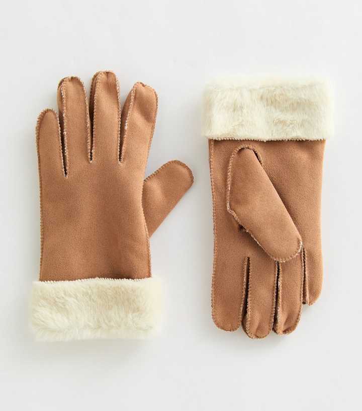 Camel Faux Fur Trimmed Faux Suede Gloves