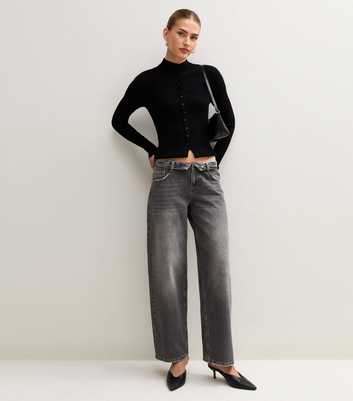 Grey Fold Over Waistband Wide Leg Jeans
